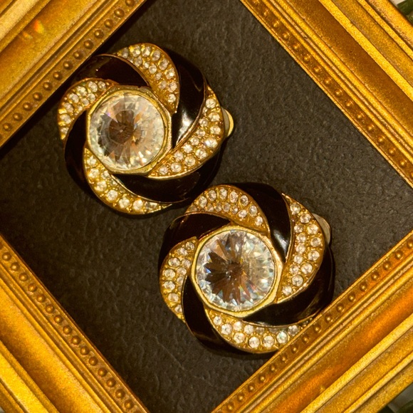 VTG Black Enamel and Crystal Swirl Earrings - Picture 5 of 16